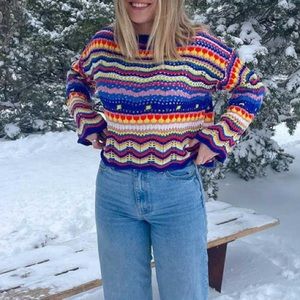 Crochet Knit Bell Sleeve Cropped Sweater